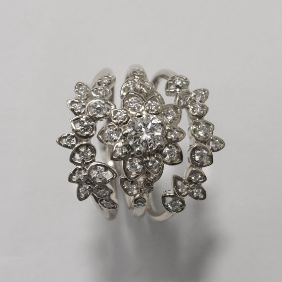 Wedding - Diamond Art Deco Petal Engagement Set - Unique engagement ring, leaf ring, flower ring, antique, vintage, Wedding Set