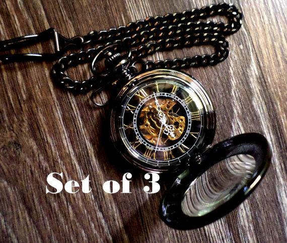Hochzeit - Set of 3 Black Mechanical Magnifier Pocket Watches with Vest Chains Clearance Groomsmen Gift Grooms Corner Wedding Party Ships from Canada