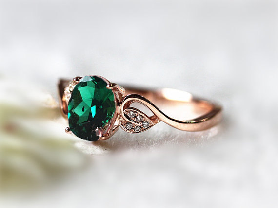 Wedding - 6x8mm Oval Emerald Ring Diamond Treated Emerald Wedding Ring Engagement Ring 14K Rose Gold Ring Promise Ring Gemstone Jewelry Anniversary