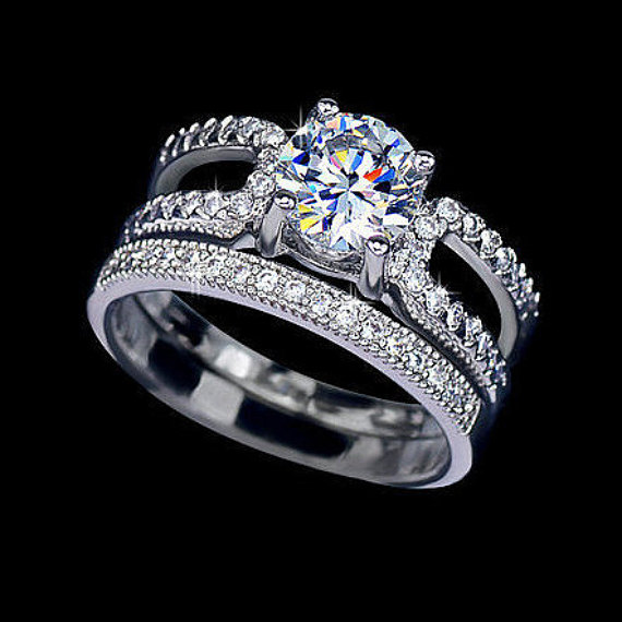 Свадьба - Fancy Bridal Set Ring 1.25 Carat Round Cut Cubic Zirconia Two Ring Set Engagement Ring Wedding Set Ring Stacking Half Eternity Band, AR0131