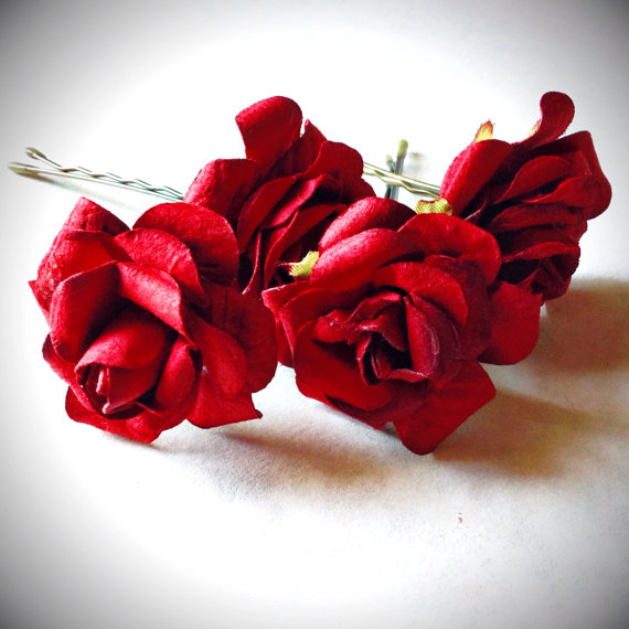 Wedding - Deep Red Rose, Bohemian Wedding Hair Accessories, Bridal Red Hair Flower, Bobby Pins, Set of 4