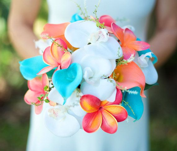 زفاف - Wedding Coral Orange And Turquoise Teal Natural Touch Orchids, Callas And Plumerias Silk Flower Bride Bouquet