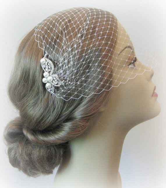 Wedding - Bridal Veil and Bridal Comb, Bandeau Birdcage Veil, Bird Cage Veil With Ivory Pearl and Rhinestone Fascinator Comb - JOHANNA
