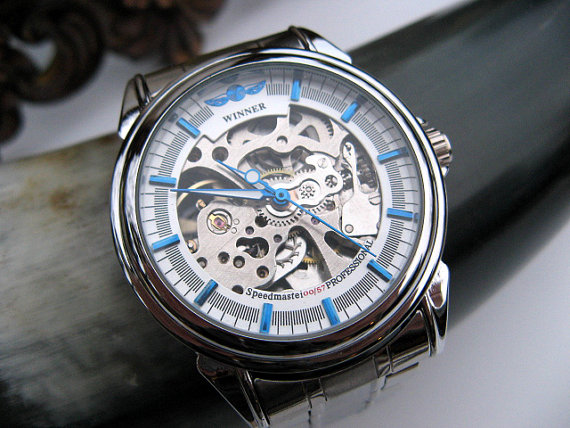 زفاف - Silver and Blue Men's Classic Mechanical Wrist Watch (Automatic) with Stainless Steel Watch Band - Groomsmen - Watch - Item MWA1074