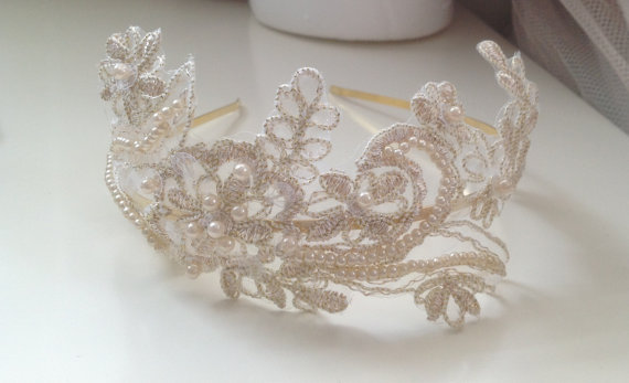 Wedding - Kelly-Anastasia: Bridal Pearls Embroidered Champagne Gold Lace Metal Headband / Tiara / Wedding Head piece