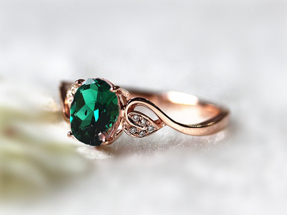 6x8mm Oval Emerald Ring Diamond Treated Emerald Wedding Ring Engagement