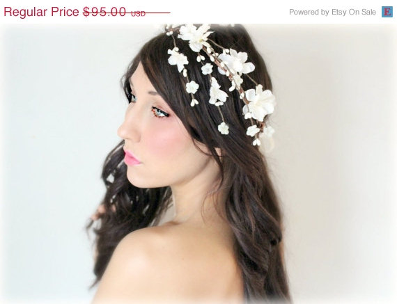 Hochzeit - SALE Flower Headband Cascade Crown, Wedding Tiara, wedding accessories, bridal flower,  White whimsical wedding - MORA- by DeLoop