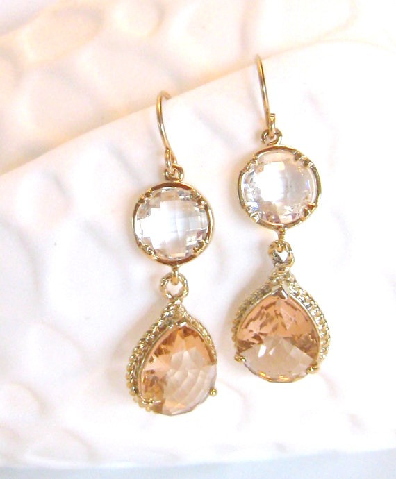 زفاف - Gold Peach Earrings Clear Crystal Earrings Coral Wedding Champagne Sapphire Earring Bridal Jewelry Peach Bridesmaid Earrings Peach Wedding