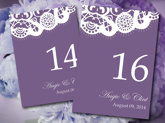 زفاف - Vintage Lace Wedding Table Number Microsoft Word Template - Purple - Shabby Chic Wedding - Table Number