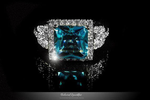 Wedding - Aqua Blue Ring, 7 Carat Aquamarine Cocktail CZ Engagement Ring, Vintage Aqua Blue Princess Cut Zirconia Anniversary Wedding Statement Ring