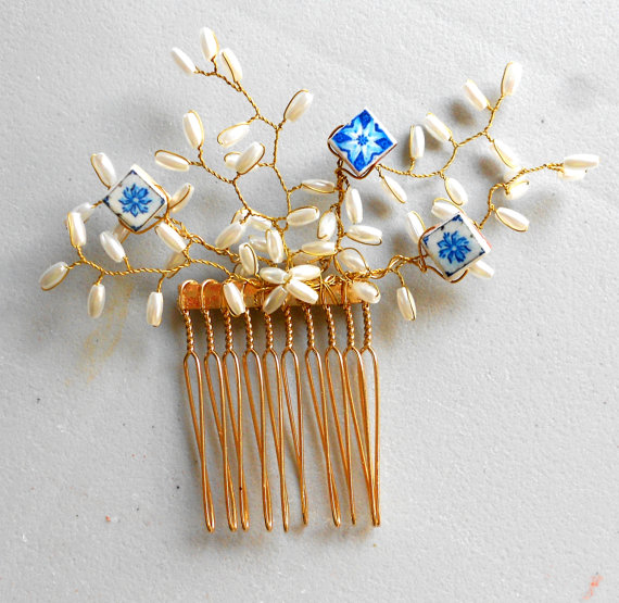 Hochzeit - Portugal  Hair Comb with Blue Antique Azulejo Tiles from Porto Ribeira and Ovar- Bridal Wedding - Pearl Spray