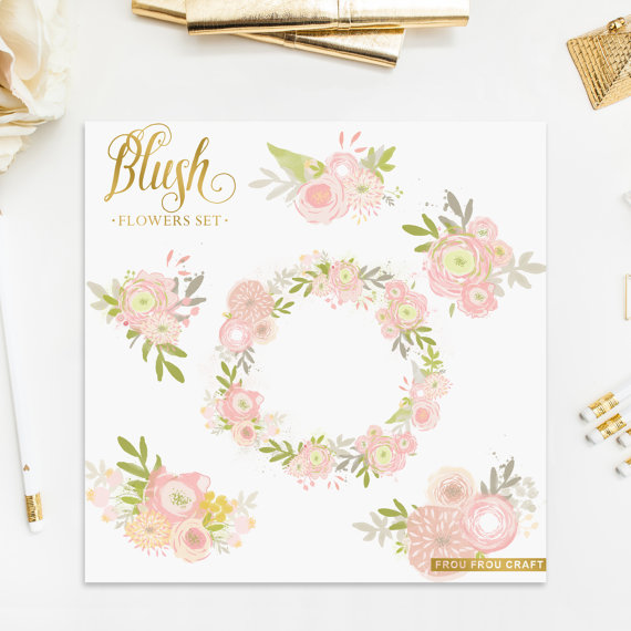 زفاف - Blush Pink Spring Flowers ClipArt Intant Download Digital High Resolution Floral Wreath Handpainted Floral Baby Wedding Invitation DIY