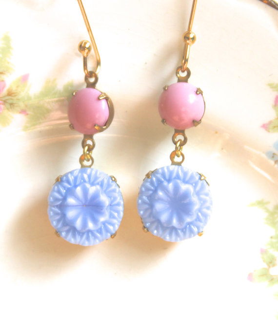 Mariage - Periwinkle Blue Pink Round Etched Glass Vintage Silver Drop Earrings - Wedding, Bridal, Bridesmaid, Pastel