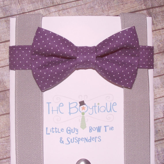 Mariage - Purple Bow Tie and Suspenders, Purple Polka Dot Bow Tie with Grey Suspenders, Toddler Suspenders, Boy Suspenders, Kids, Wedding, Ring Bearer