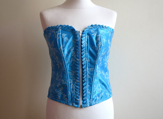 Wedding - Light Blue White Floral Print Overbust Corset Open Back Lace Up Top Bustier Medium Size