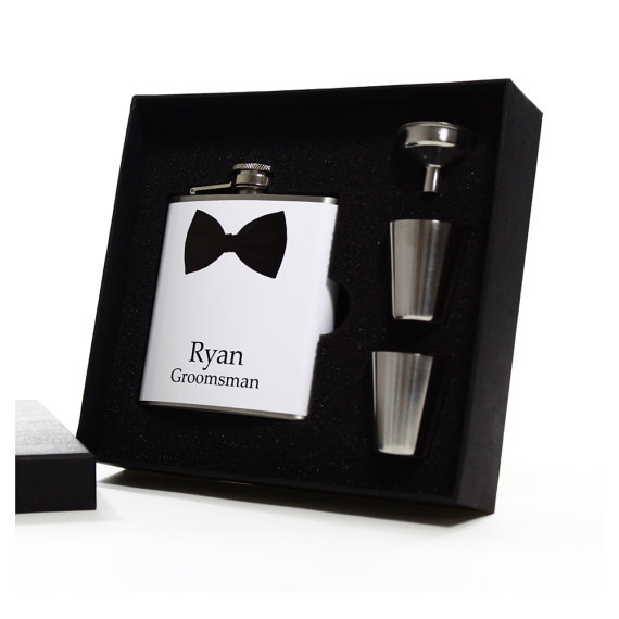 Wedding - 1, Personalized Groomsmen Gift, Black Bow Tie Flask Gift Set