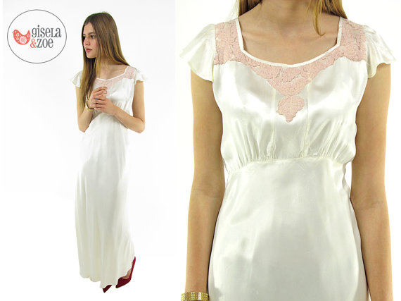 Wedding - Vintage 30s Silky Satin Lingerie / 30s Maxi Slip Dress / Satin Lace Lingerie Slip . xs sm