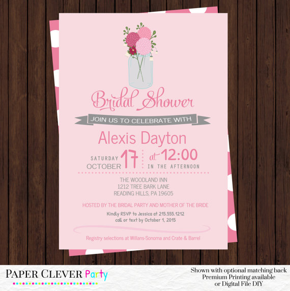 Hochzeit - Bridal Shower Invitations Modern Mason Jar with Pink Peony Flowers Gray Outdoor Wedding Shower Digital File or Printed Invites