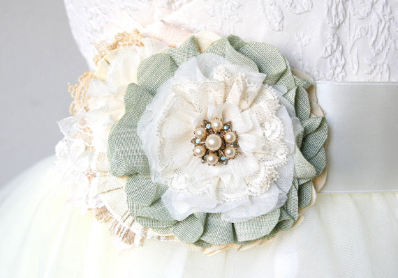 Hochzeit - Fabric Flower Sash, Seafoam Mint Turquoise Wedding Sash, Pearl Bridal Belt, Floral Bride Belt, Beach Wedding Dress Sash, Bridesmaid Flower