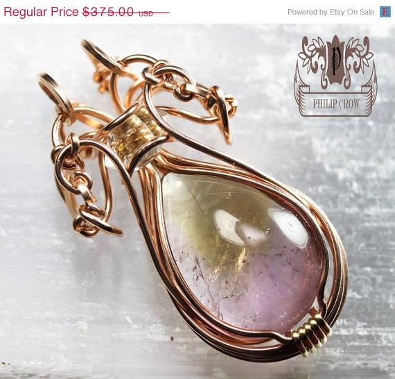 Mariage - 25% OFF SALE Ametrine and Herkimer Diamond Pendant - Wedding Engagement - Unique Original Jewelry Design by Philip Crow - 14KT Rose Gold