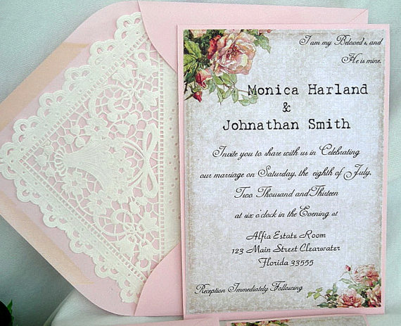 Свадьба - Wedding Invitation, Unique Blush Pink Layered with Vintage Rose Linen with Doily Paper Lace Envelope Shabby Chic Custom Any Color