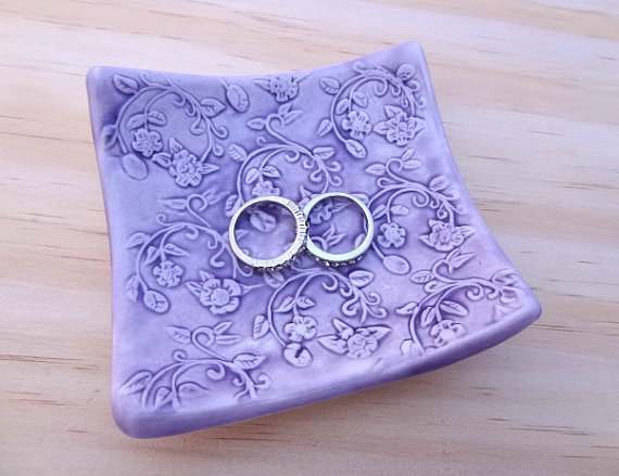 Wedding - Ceramic ring dish, purple vine design. Porcelain ring holder. Wedding ring pillow, candle holder, spoon rest, jewellery holder