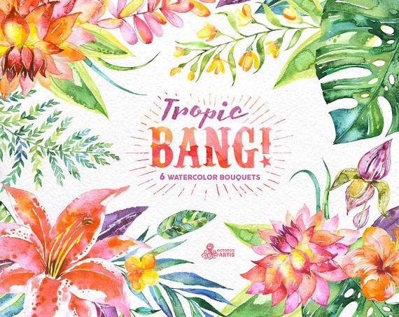 Hochzeit - Tropic Bang Bouquets: 6 Watercolor Bouquets, lily, hibiscus, orchids, wedding invitation, floral, beach, greetings, diy clip art, flowers