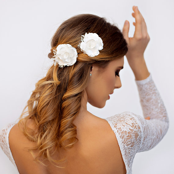 Wedding - Gardenia Wedding Hair Pins with Lace Details - Bridal Hair Pin Flower - Wedding Hair Accessories - Set of 2