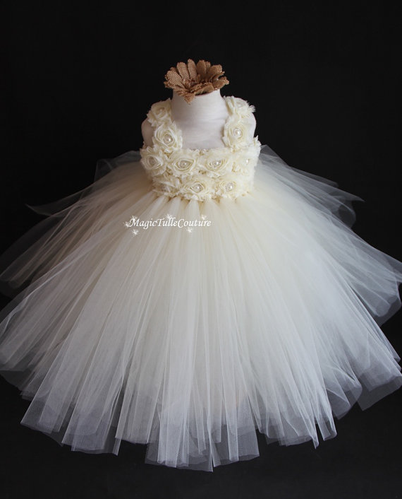 Wedding - Ivory Flower Girl Dress with flowers aroud the chest Shabby Chic Flowers Dress Tulle Dress Wedding Dress Birthday Dress Toddler Tutu Dress