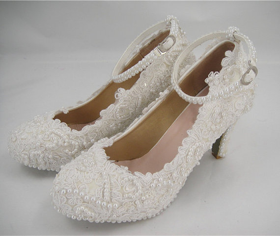 Hochzeit - Wedding Shoes, Lace Pearl Bridal Shoes, Flat Lace Bridal Shoes, High Heel Shoes, Bridesmaid Shoes, Beaded Lace Shoes, Ankle Strap Prom Shoes