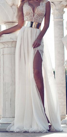 Wedding - Trend Floor Length V Neck Embroidered Long Evening Dress with High Slit