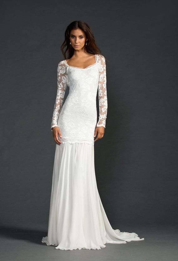 Hochzeit - Long Lace Sleeve Wedding Dress With Stunning Low Back And Silk Chiffon Train Boho Vintage Bride