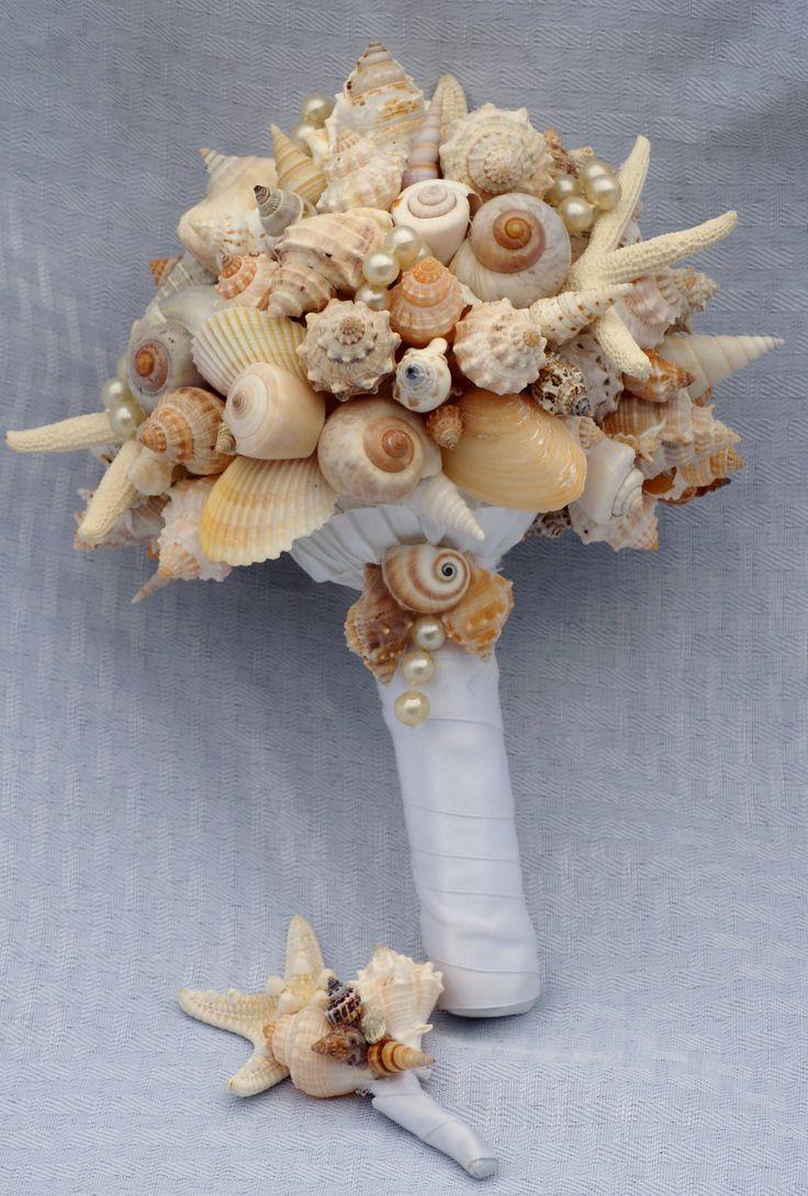 زفاف - Starfish, Pearl, And Seashell Bouquet W Boutonniere Set For Beach, Cruise, Destination, Seaside Wedding