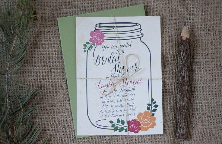 Hochzeit - Bridal Shower Invitation - Design #2, Printable, Custom - DIY Wedding - VINTAGE, Mason Jar, RUSTIC, Kraft, Ball Jar, Flowers, Calligraphy