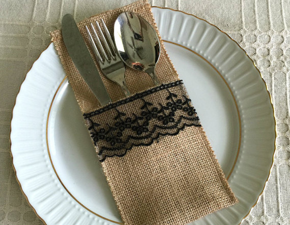 Hochzeit - 10 burlap and black color lace rustic silverware holder, wedding, bridal shower, tea party table decoration