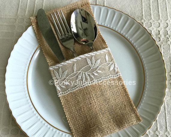 Свадьба - 10 burlap and ivory color lace rustic silverware holder, wedding, bridal shower, tea party table decoration