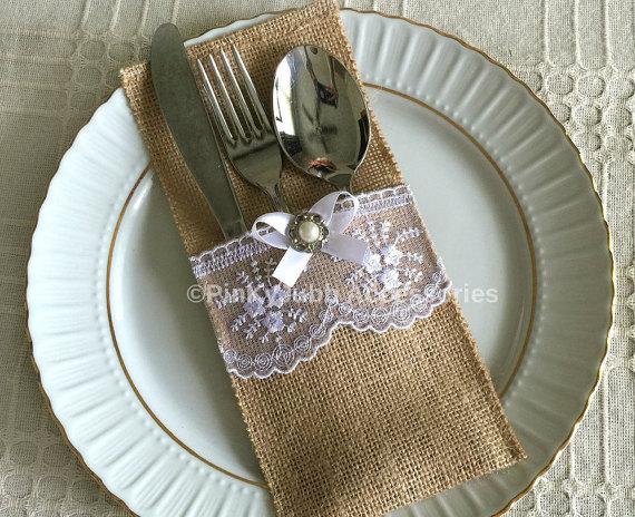 زفاف - 10 burlap and white color lace rustic silverware holder, wedding, bridal shower, tea party table decoration