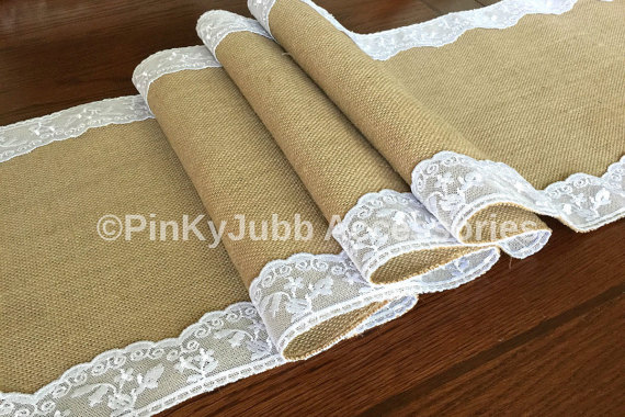 Mariage - rustic wedding burlap table runner with white color lace trim, rustic wedding, engagement table decoration runner