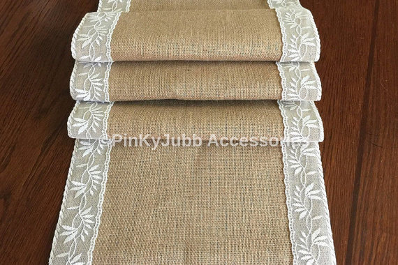 Hochzeit - rustic burlap table runner with ivory color lace trim, rustic wedding, engagement table decoration runner