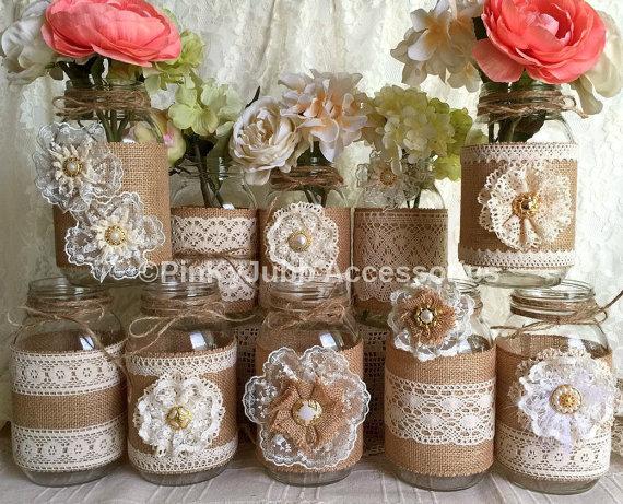 Hochzeit - 10x natural color lace and burlap covered mason jar vases, wedding, bridal shower, baby shower decoration