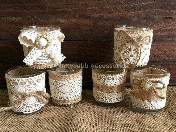 Hochzeit - 6 rustic naturlap burlap and lace covered votive tea candles, wedding favor or table decoration