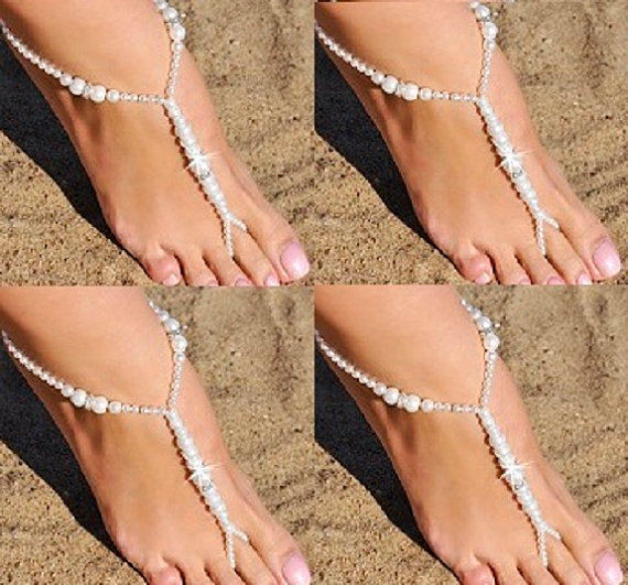 Свадьба - SET OF FOUR Wedding Barefoot Sandals, Anklet, Bridal shoes jewelry, Beaded Barefoot Sandals, Bridesmaid Gift, Pearl Sandals