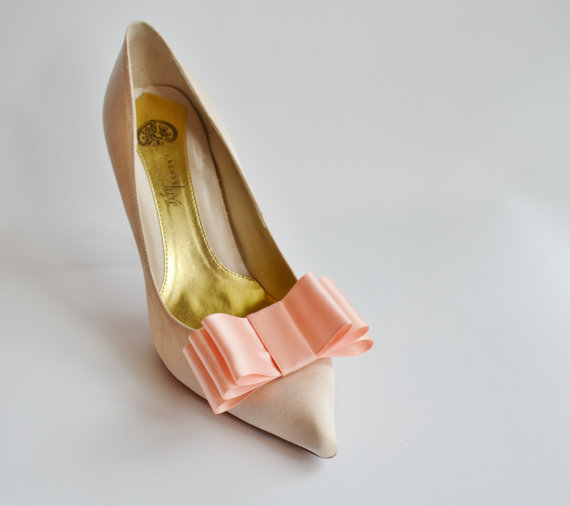 زفاف - Peach Satin Ribbon Bow Shoe Clips Set Of Two, More Colors Available