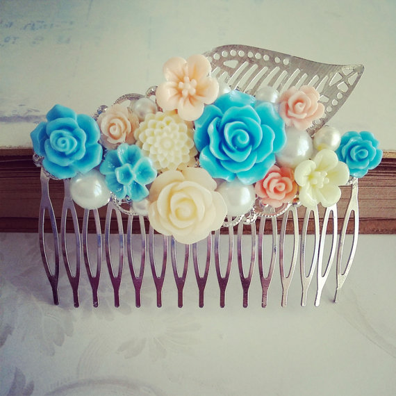 زفاف - Ivory Blue peach Flower Comb blue Rose Silver Leaf Comb Wedding Hair accessory Bridal Hair comb Bridesmaid Gift Nature Flower girl Gift