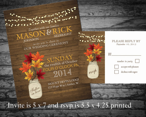 Свадьба - Rustic Fall Wedding Invitation with fall leaves in a mason jar Mason Jar with Rustic Hanging lights and Barn Wood Wedding Digital Printable