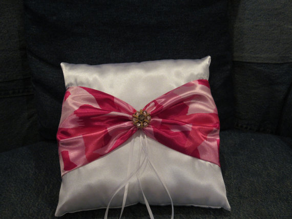 Hochzeit - White Pink Hot Pink Camoflauge Square Satin Ring Bearer Pillow Bow Rhinestones Wedding Bridal