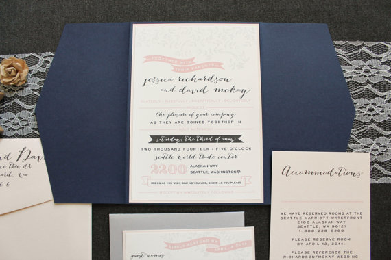 زفاف - Rustic Wedding Invitation - Blush, Silver Navy Blue - Gate Card - Floral, Country Chic, Classic, Casual -  Custom - Jessica and David