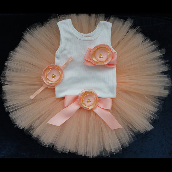 زفاف - Peach Tutu Birthday Dress, 1st Birthday Outfit, Peach and Gold Flower Girl Dresses