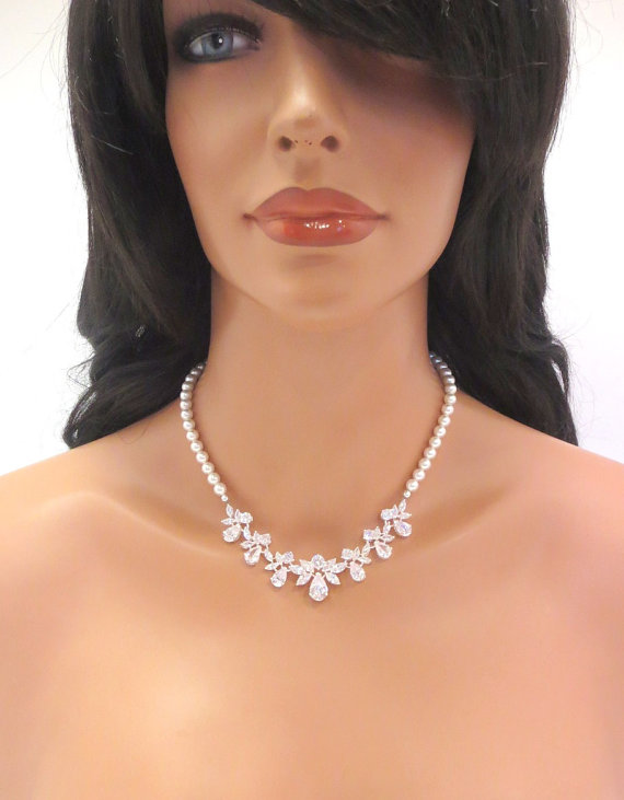 Mariage - Pearl Bridal Necklace, Crystal  Wedding necklace, Pearl necklace, Wedding jewelry, Crystal necklace, Rhinestone necklace, Bridal Jewelry