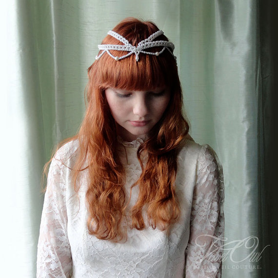 Hochzeit - Bridal crown head dress halo hair jewelry pearls White unique veil alternative - ISABELLA